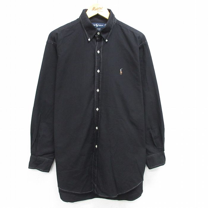 XL★古着 長袖 ブランド シャツ メンズ 90年代 90s ワンポイントロゴ YARMOUTH 大きいサイズ コットン ボタンダウン 黒 ブラック 25may14 中古 トップス