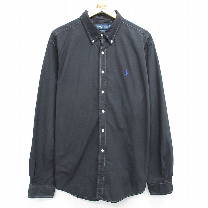 【50%OFF】XL★古着 長袖 ブランド シャツ メンズ 90年代 90s ワンポイントロゴ 大きいサイズ コットン ボタンダウン 黒他 ブラック チェック 25may14 中古 トップス