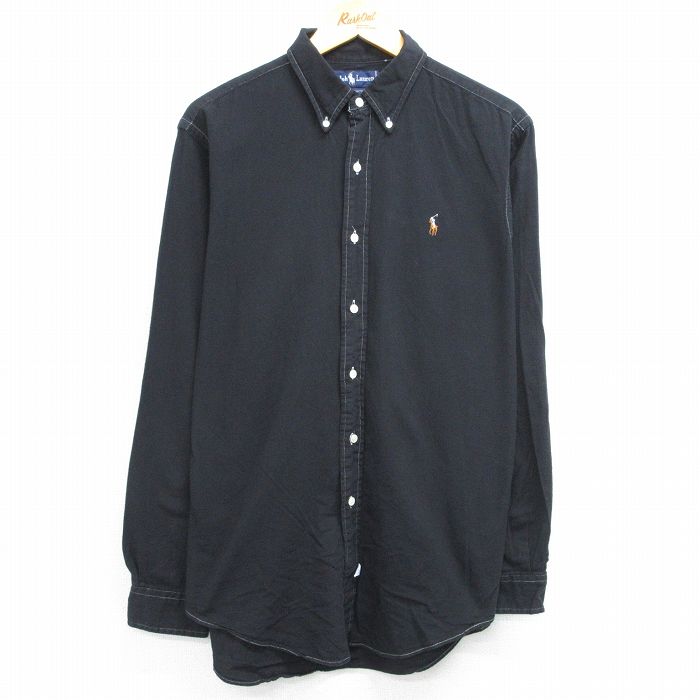 XL★古着 長袖 ブランド シャツ メンズ 90年代 90s ワンポイントロゴ 大きいサイズ コットン ボタンダウン 黒 ブラック 25may14 中古 トップス