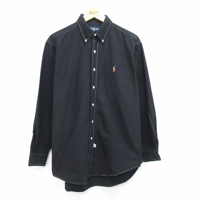 XL★古着 長袖 ブランド シャツ メンズ 90年代 90s ワンポイントロゴ YARMOUTH 大きいサイズ コットン ボタンダウン 黒 ブラック 25may14 中古 トップス