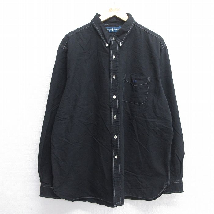 90s 長袖シャツ ワンポイントロゴ ブラック XL | 古着