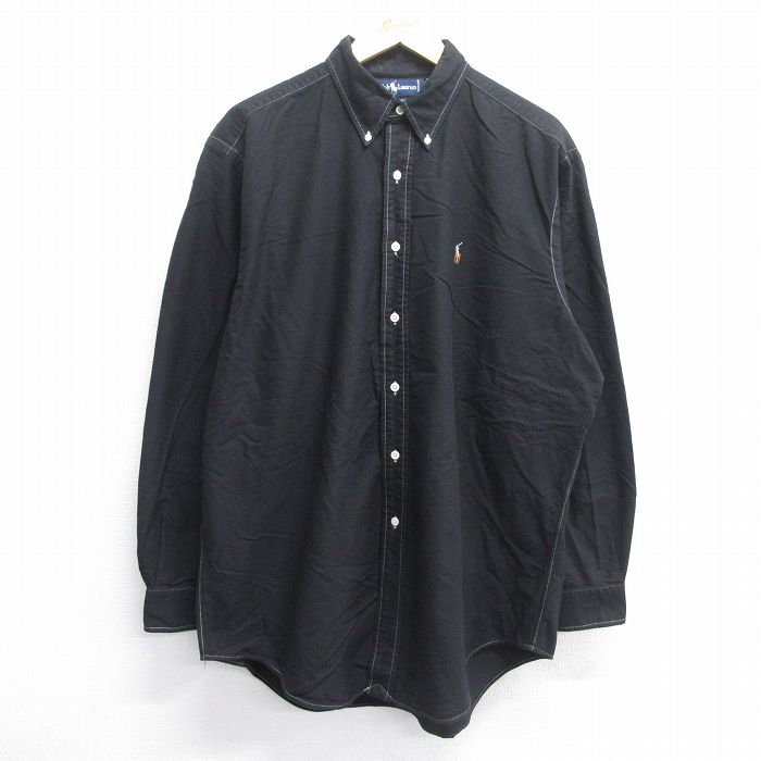 【50%OFF】XL★古着 長袖 ブランド シャツ メンズ 90年代 90s ワンポイントロゴ YARMOUTH 大きいサイズ ロング丈 コットン ボタンダウン 黒 ブラック 25may14 中古 トップス