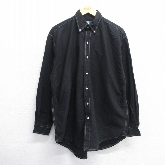 XL★古着 長袖 ブランド シャツ メンズ 90年代 90s ワンポイントロゴ YARMOUTH オックスフォード 大きいサイズ コットン ボタンダウン 黒 ブラック 25may14 中古 トップス