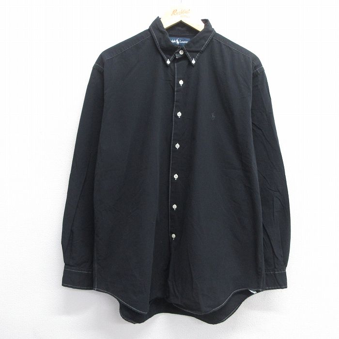 XL★古着 長袖 ブランド シャツ メンズ 90年代 90s ワンポイントロゴ MARLOWE コットン ボタンダウン 黒 ブラック 25may14 中古 トップス