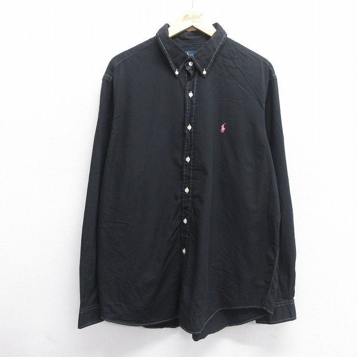【50%OFF】XL★古着 長袖 ブランド シャツ メンズ ワンポイントロゴ 大きいサイズ コットン ボタンダウン 黒 ブラック 25may14 中古 トップス