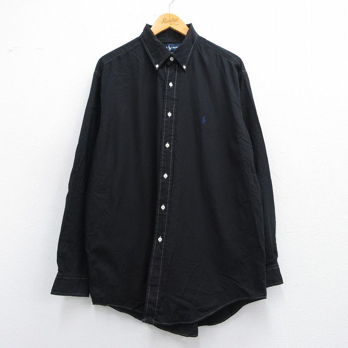 XL★古着 ラルフローレン Ralph Lauren 長袖 ブランド シャツ メンズ 90年代 90s ワンポイントロゴ YARMOUTH 大きいサイズ コットン ボタンダウン 黒 ブラック 25may15 中古 トップス