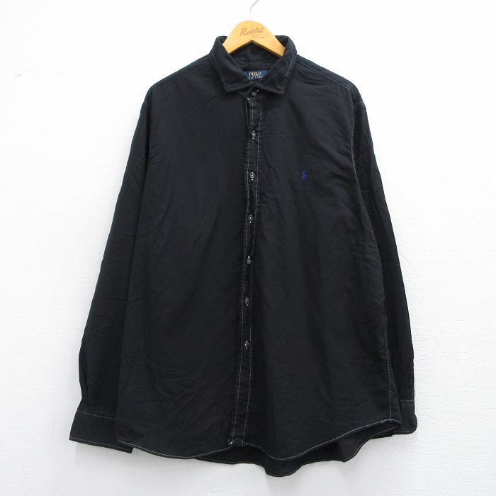 XL★古着 ラルフローレン Ralph Lauren 長袖 ブランド シャツ メンズ ワンポイントロゴ 大きいサイズ ロング丈 コットン 黒 ブラック 25may15 中古 トップス
