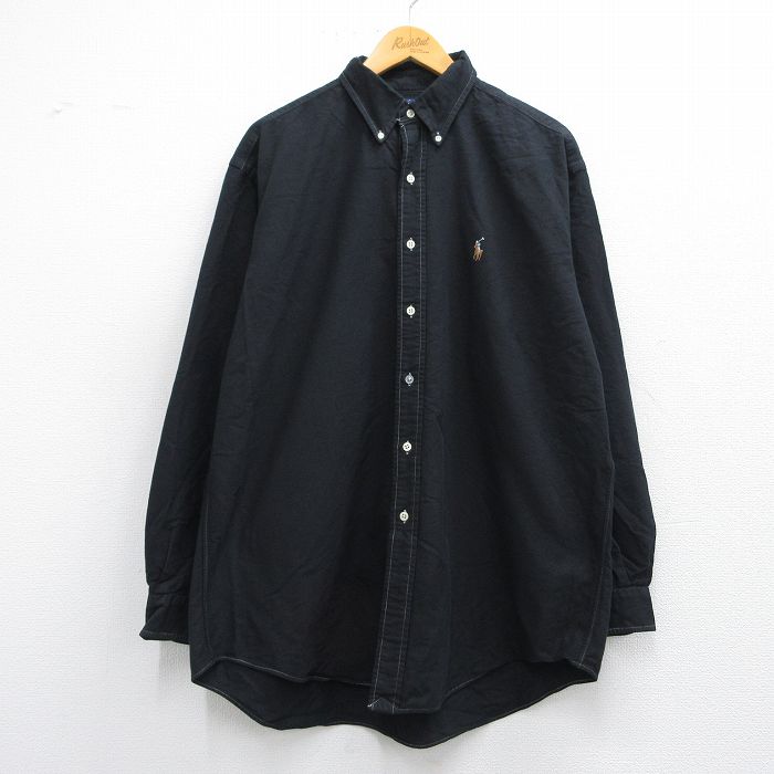 XL★古着 ラルフローレン Ralph Lauren 長袖 ブランド シャツ メンズ 90年代 90s ワンポイントロゴ BLAKE オックスフォード 大きいサイズ ロング丈 コットン ボタンダウン 黒 ブラック 25may15 中古 トップス