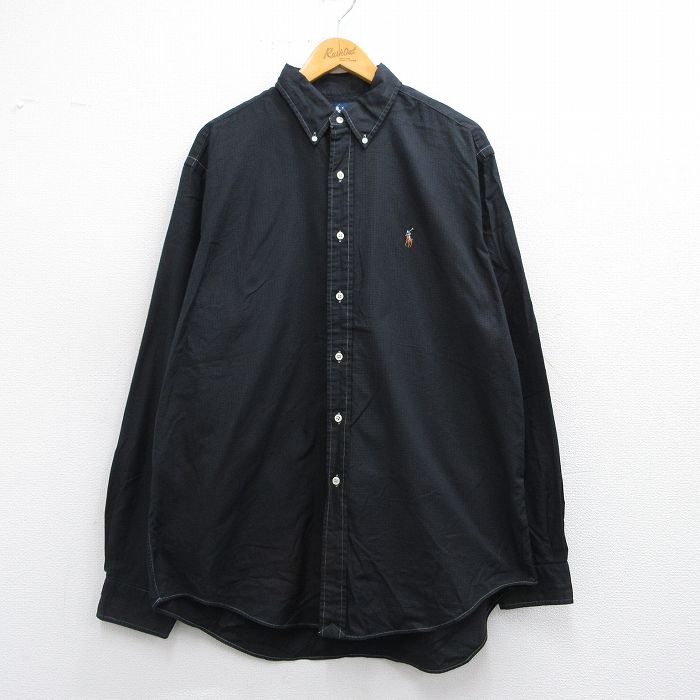 XL★古着 ラルフローレン Ralph Lauren 長袖 ブランド シャツ メンズ 90年代 90s YARMOUTH オックスフォード 大きいサイズ ロング丈 コットン ボタンダウン 黒 ブラック チェック 25may15 中古 トップス