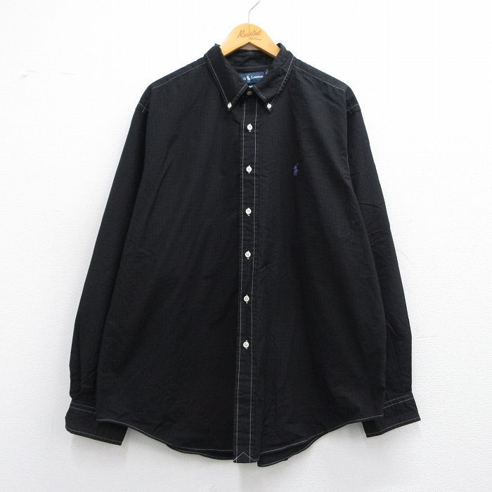 【50%OFF】XL★古着 ラルフローレン Ralph Lauren 長袖 ブランド シャツ メンズ 90年代 90s ワンポイントロゴ 大きいサイズ コットン ボタンダウン 黒 ブラック チェック 25may15 中古 トップス