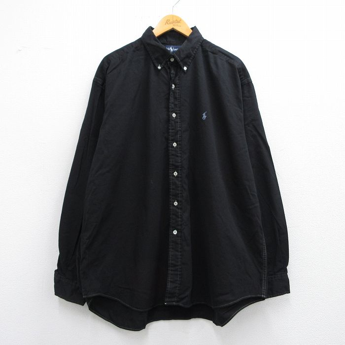 XL★古着 ラルフローレン Ralph Lauren 長袖 ブランド シャツ メンズ 90年代 90s ワンポイントロゴ BLAIRE 大きいサイズ ロング丈 コットン ボタンダウン 黒 ブラック 25may15 中古 トップス