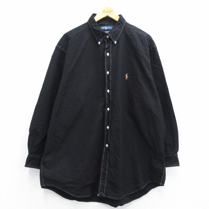 【20%OFF】XL★古着 ラルフローレン Ralph Lauren 長袖 ブランド シャツ メンズ 90年代 90s ワンポイントロゴ YARMOUTH オックスフォード 大きいサイズ ロング丈 コットン ボタンダウン 黒 ブラック 【spe】 25may15 中古 トップス
