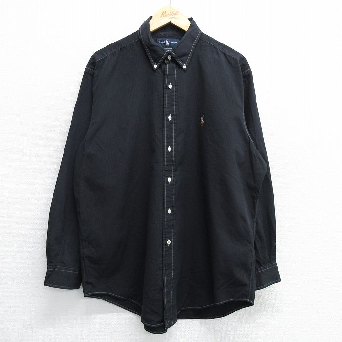 XL★古着 ラルフローレン Ralph Lauren 長袖 ブランド シャツ メンズ 90年代 90s ワンポイントロゴ YARMOUTH オックスフォード 大きいサイズ コットン ボタンダウン 黒 ブラック ストライプ 25may16 中古 トップス