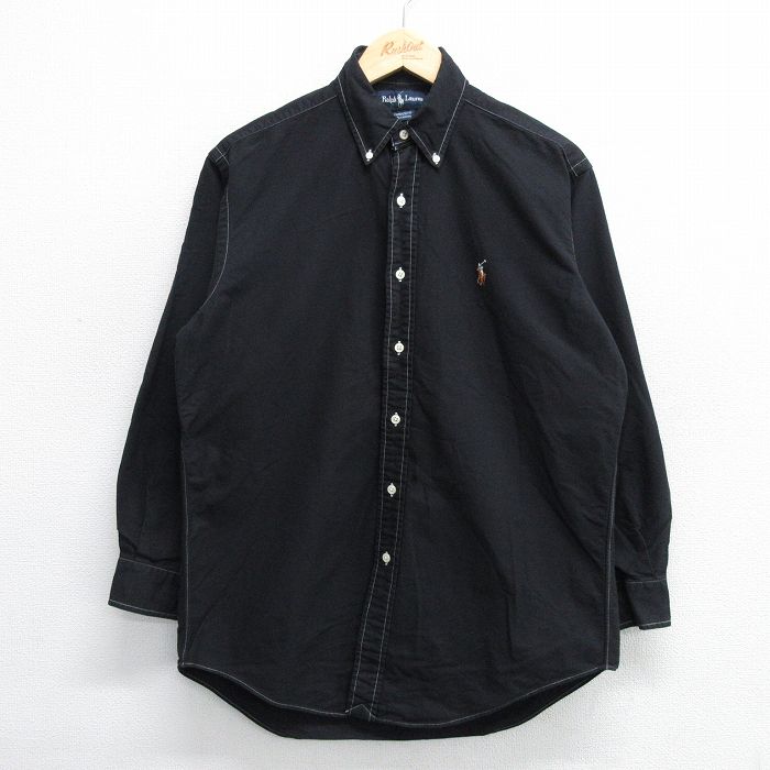 L★古着 ラルフローレン Ralph Lauren 長袖 ブランド シャツ メンズ 90年代 90s ワンポイントロゴ YARMOUTH オックスフォード コットン ボタンダウン 黒 ブラック 25may16 中古 トップス