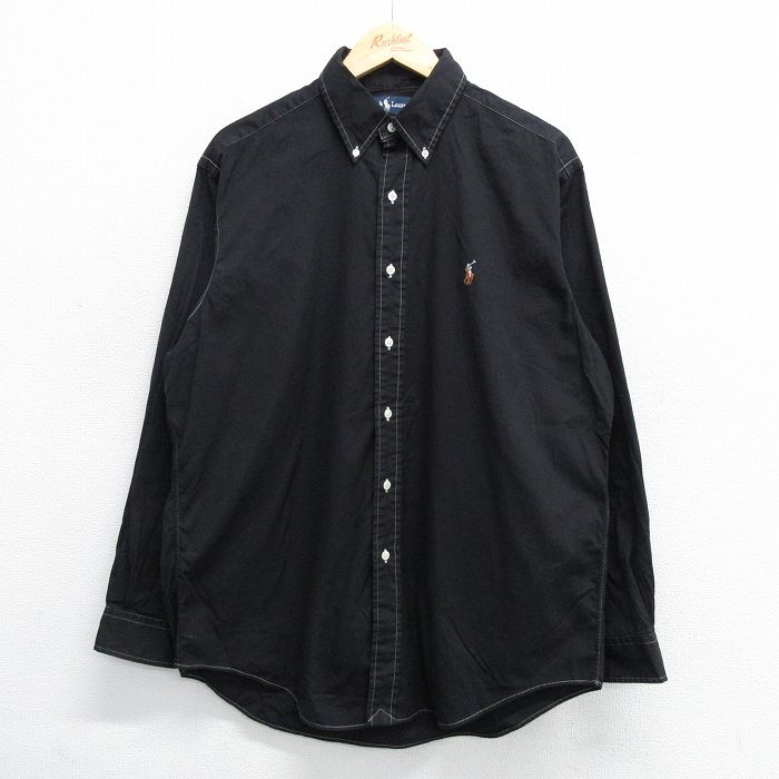 XL★古着 ラルフローレン Ralph Lauren 長袖 ブランド シャツ メンズ 90年代 90s ワンポイントロゴ YARMOUTH オックスフォード 大きいサイズ コットン ボタンダウン 黒 ブラック 25may16 中古 トップス