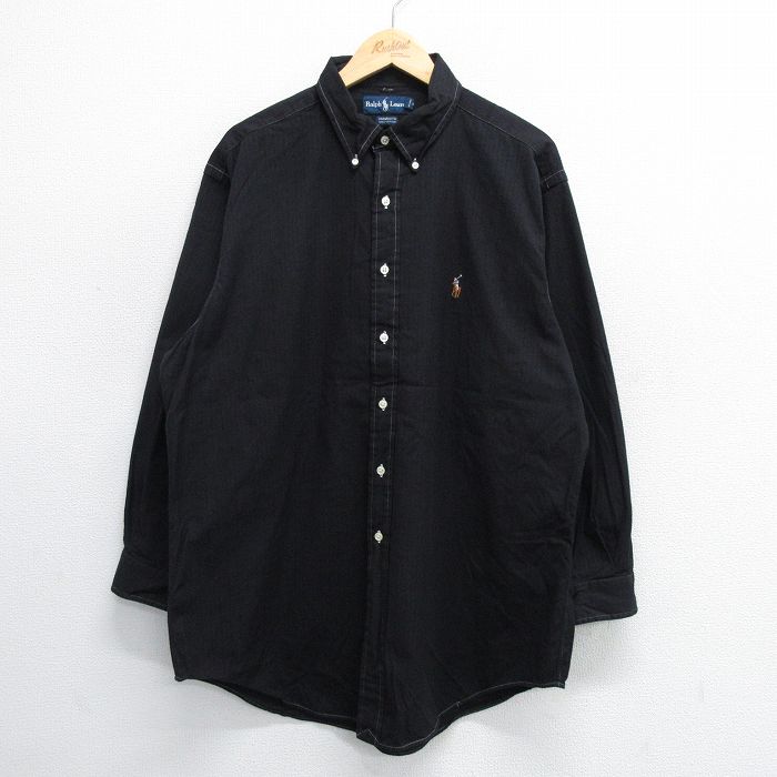 XL★古着 ラルフローレン Ralph Lauren 長袖 ブランド シャツ メンズ 90年代 90s ワンポイントロゴ YARMOUTH オックスフォード 大きいサイズ ロング丈 コットン ボタンダウン 黒 ブラック ストライプ他 25may16 中古 トップス