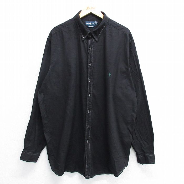 XL★古着 ラルフローレン Ralph Lauren 長袖 ブランド シャツ メンズ 90年代 90s ワンポイントロゴ 大きいサイズ ロング丈 コットン ボタンダウン 黒他 ブラック チェック 25may16 中古 トップス