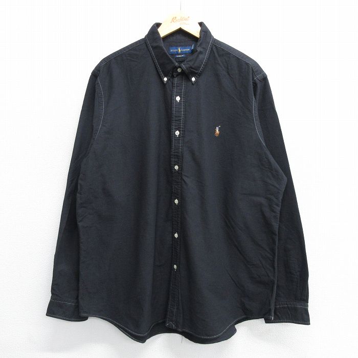 XL★古着 ラルフローレン Ralph Lauren 長袖 ブランド シャツ メンズ ワンポイントロゴ オックスフォード 大きいサイズ コットン ボタンダウン 黒系 ブラック ストライプ 25may16 中古 トップス