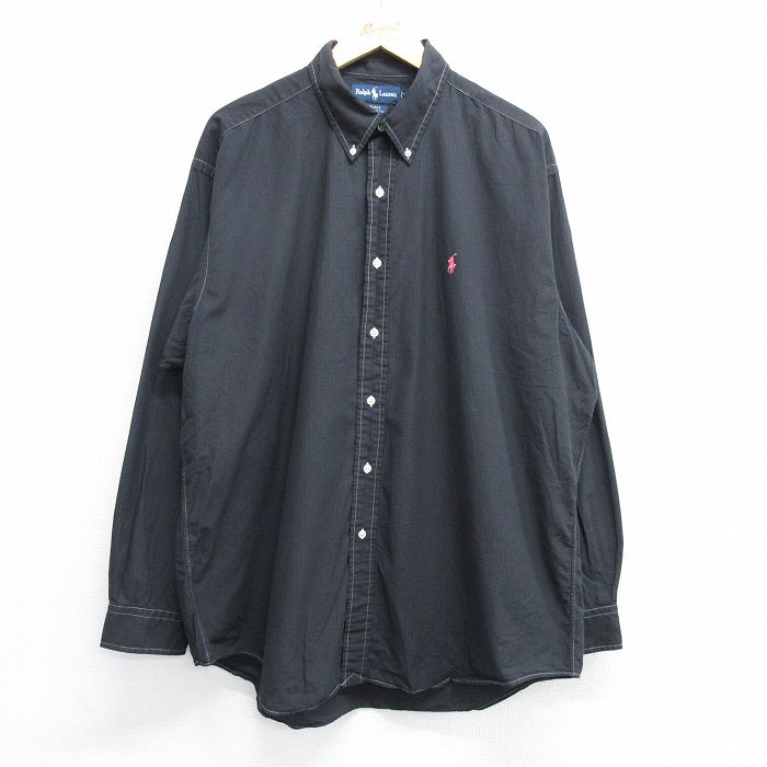 XL★古着 ラルフローレン Ralph Lauren 長袖 ブランド シャツ メンズ 90年代 90s ワンポイントロゴ BLAKE 大きいサイズ コットン ボタンダウン 黒系 ブラック チェック 【spe】 25may16 中古 トップス