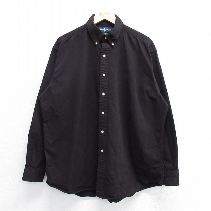 【50%OFF】XL★古着 ラルフローレン Ralph Lauren 長袖 ブランド シャツ メンズ 90年代 90s ワンポイントロゴ BLAKE 大きいサイズ コットン ボタンダウン 黒系 ブラック 25may16 中古 トップス