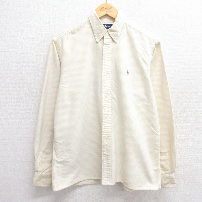 L★古着 ラルフローレン Ralph Lauren 長袖 ブランド シャツ メンズ 90年代 90s ワンポイントロゴ オックスフォード コットン ボタンダウン 黄他 イエロー ストライプ 25may17 中古 トップス