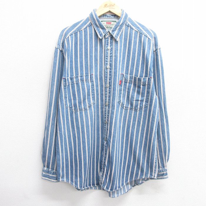 XL★古着 リーバイス Levis 長袖 ブランド シャツ メンズ 00年代 00s ロング丈 コットン 紺他 ネイビー ストライプ デニム 【spe】 25may17 中古 トップス