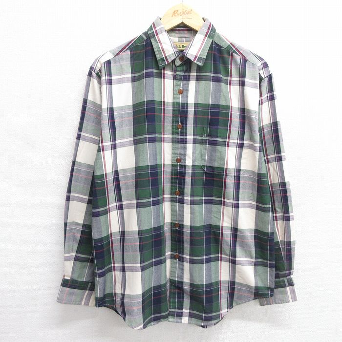 【50%OFF】L★古着 エルエルビーン LLBEAN 長袖 ブランド シャツ メンズ 80年代 80s 緑他 グリーン チェック 25may17 中古 トップス