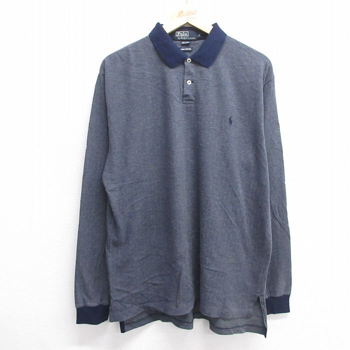 L★古着 ラルフローレン Ralph Lauren 長袖 ブランド ポロ シャツ メンズ ツイード コットン 紺他 ネイビー 25may17 中古 トップス