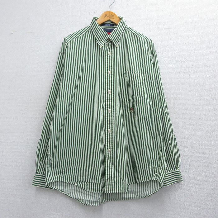 XL★古着 トミーヒルフィガー TOMMY HILFIGER 長袖 ブランド シャツ メンズ 90年代 90s ワンポイントロゴ 大きいサイズ ロング丈 コットン ボタンダウン 緑他 グリーン ストライプ 25may17 中古 トップス