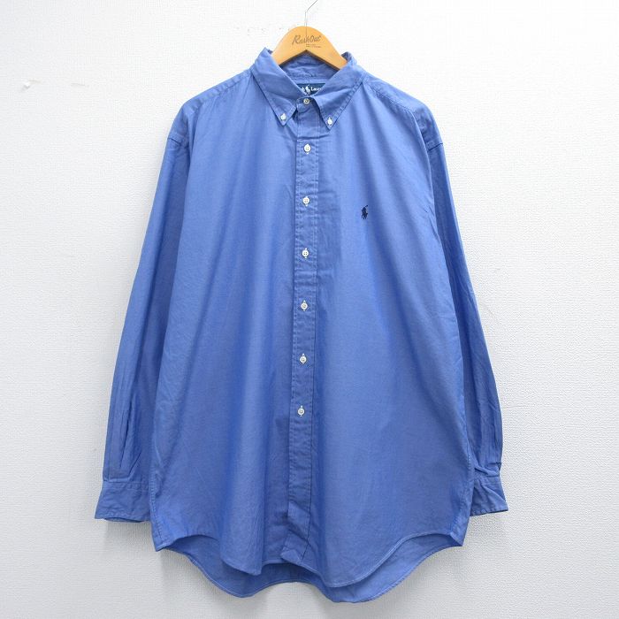 XL★古着 ラルフローレン Ralph Lauren 長袖 ブランド シャツ メンズ 90年代 90s ワンポイントロゴ YARMOUTH オックスフォード 大きいサイズ ロング丈 コットン ボタンダウン 薄紺 ネイビー 25may17 中古 トップス