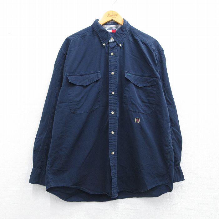 XL★古着 トミーヒルフィガー TOMMY HILFIGER 長袖 ブランド シャツ メンズ 90年代 90s ワンポイントロゴ 大きいサイズ ロング丈 コットン ボタンダウン 紺 ネイビー 25may17 中古 トップス