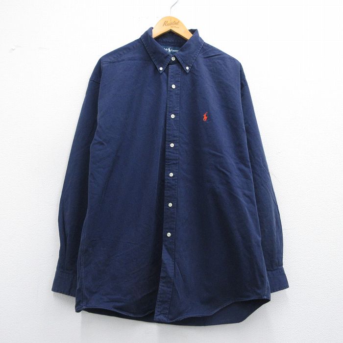 XL★古着 ラルフローレン Ralph Lauren 長袖 ブランド シャツ メンズ 90年代 90s ワンポイントロゴ BLAKE 大きいサイズ ロング丈 コットン ボタンダウン 紺 ネイビー 25may17 中古 トップス