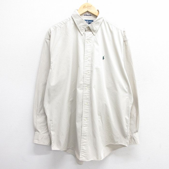 XL★古着 ラルフローレン Ralph Lauren 長袖 ブランド シャツ メンズ 90年代 90s ワンポイントロゴ BLAKE 大きいサイズ コットン ボタンダウン 薄ベージュ カーキ 25may20 中古 トップス
