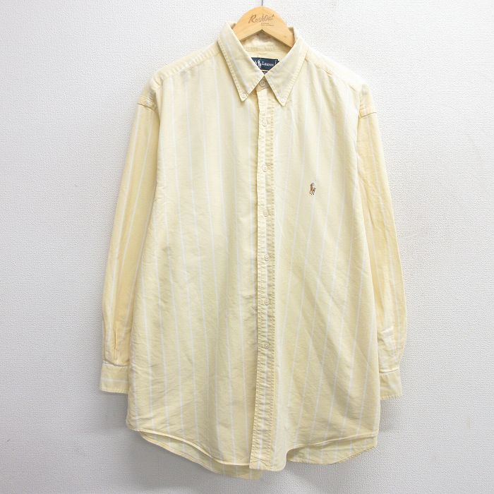XL★古着 ラルフローレン Ralph Lauren 長袖 ブランド シャツ メンズ 90年代 90s ワンポイントロゴ YARMOUTH オックスフォード 大きいサイズ ロング丈 コットン ボタンダウン 黄他 イエロー ストライプ 25may20 中古 トップス