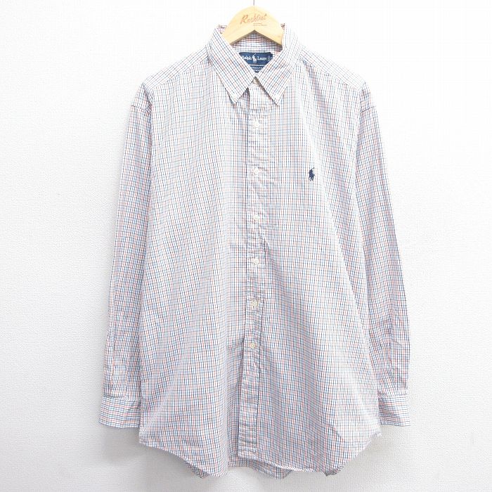 XL★古着 ラルフローレン Ralph Lauren 長袖 ブランド シャツ メンズ 90年代 90s ワンポイントロゴ YARMOUTH オックスフォード 大きいサイズ ロング丈 コットン ボタンダウン 白他 ホワイト チェック 25may20 中古 トップス