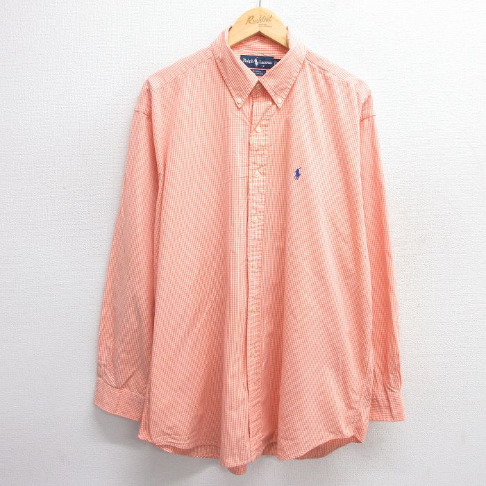 XL★古着 ラルフローレン Ralph Lauren 長袖 ブランド シャツ メンズ 90年代 90s ワンポイントロゴ BLAKE 大きいサイズ ロング丈 コットン ボタンダウン オレンジ他 チェック 25may20 中古 トップス