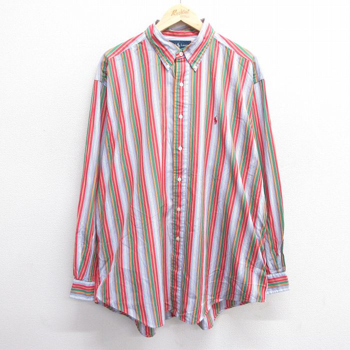 【50%OFF】XL★古着 ラルフローレン Ralph Lauren 長袖 ブランド シャツ メンズ 90年代 90s ワンポイントロゴ BLAKE 大きいサイズ ロング丈 コットン ボタンダウン 紺他 ネイビー ストライプ 【spe】 25may20 中古 トップス