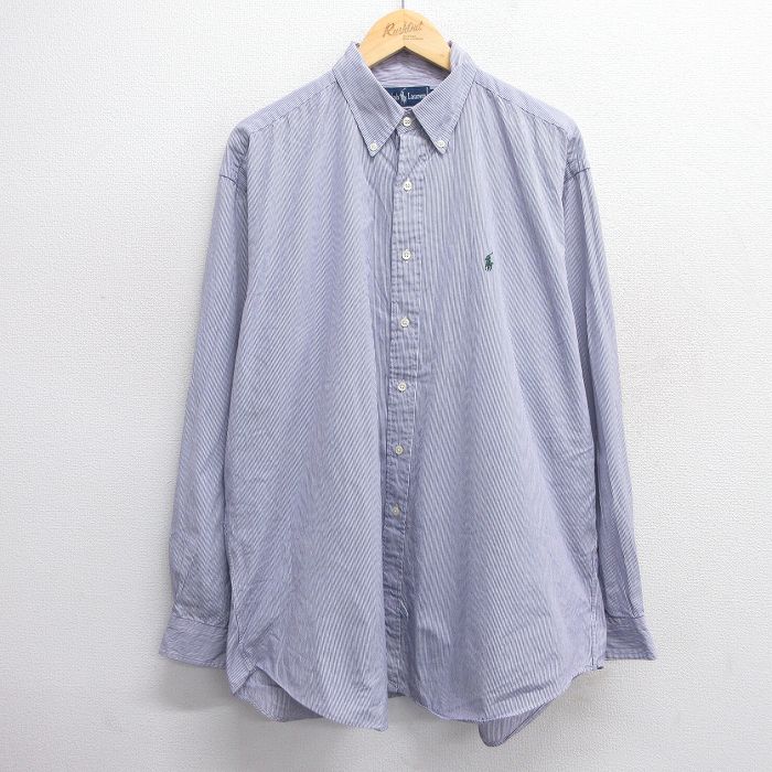 【50%OFF】XL★古着 ラルフローレン Ralph Lauren 長袖 ブランド シャツ メンズ 90年代 90s ワンポイントロゴ 大きいサイズ ロング丈 コットン ボタンダウン 濃紺他 ネイビー ストライプ 25may20 中古 トップス