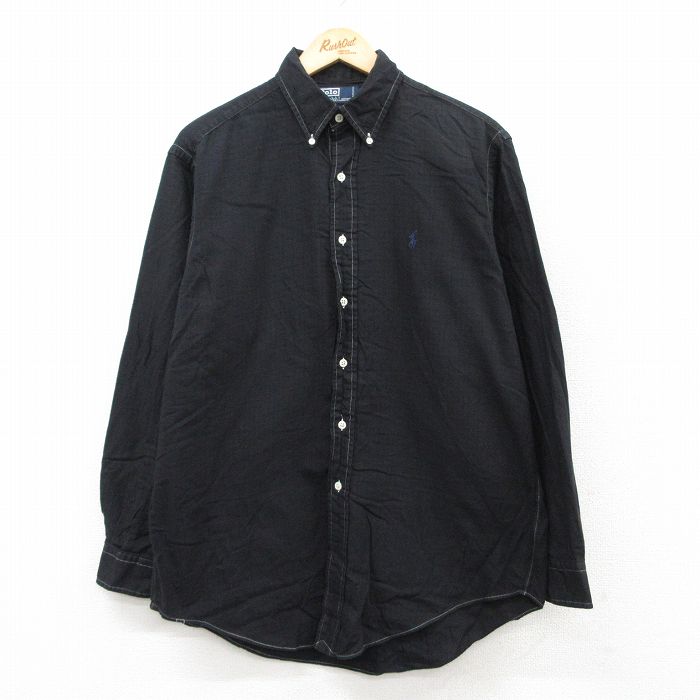 【50%OFF】XL★古着 ラルフローレン Ralph Lauren 長袖 ブランド シャツ メンズ 90年代 90s ワンポイントロゴ YARMOUTH コットン ボタンダウン 黒 ブラック 25may20 中古 トップス