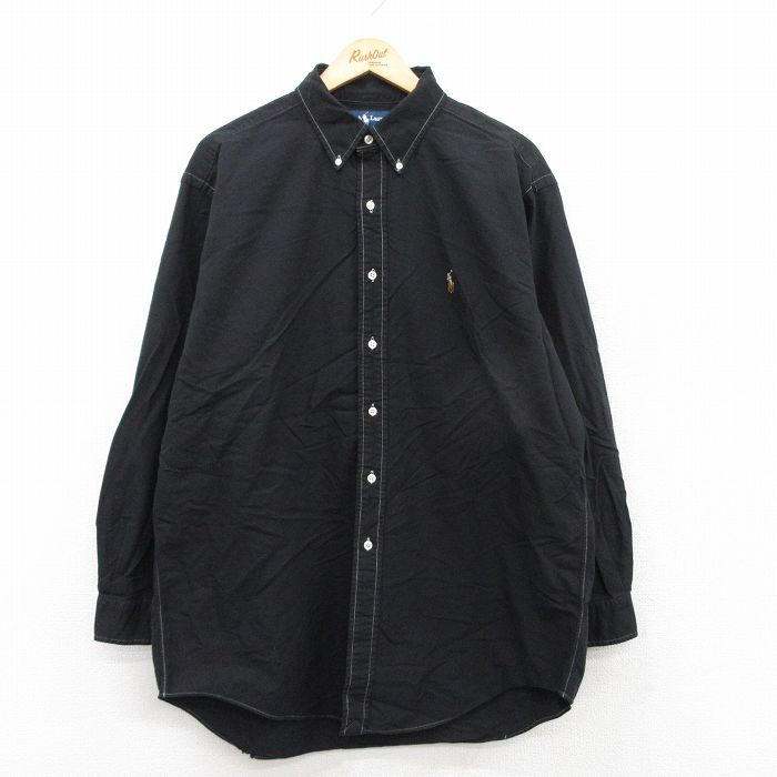 XL★古着 ラルフローレン Ralph Lauren 長袖 ブランド シャツ メンズ 90年代 90s ワンポイントロゴ YARMOUTH オックスフォード ロング丈 大きいサイズ コットン ボタンダウン 黒 ブラック 25may20 中古 トップス