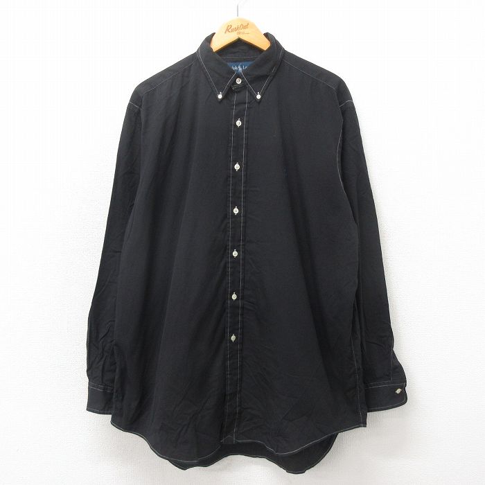 【50%OFF】XL★古着 ラルフローレン Ralph Lauren 長袖 ブランド シャツ メンズ 90年代 90s ワンポイントロゴ YARMOUTH オックスフォード 大きいサイズ ロング丈 コットン ボタンダウン 黒 ブラック 25may20 中古 トップス