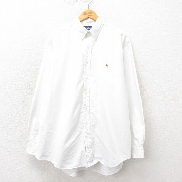XL★古着 ラルフローレン Ralph Lauren 長袖 ブランド シャツ メンズ 90年代 90s ワンポイントロゴ YARMOUTH オックスフォード 大きいサイズ コットン ボタンダウン 白 ホワイト 25may20 中古 トップス