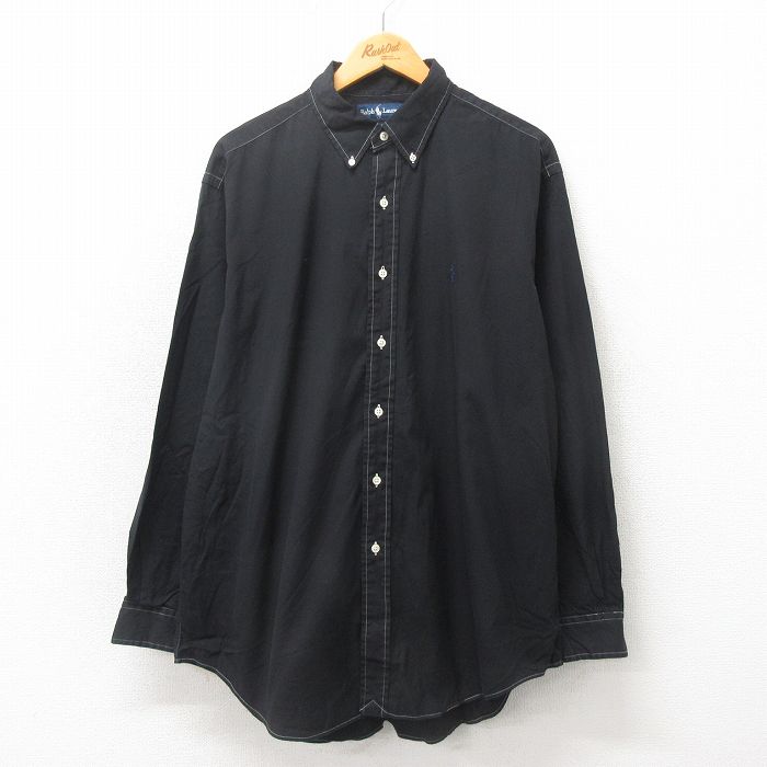 【50%OFF】XL★古着 ラルフローレン Ralph Lauren 長袖 ブランド シャツ メンズ 90年代 90s ワンポイントロゴ YARMOUTH オックスフォード 大きいサイズ コットン ボタンダウン 黒 ブラック 25may20 中古 トップス