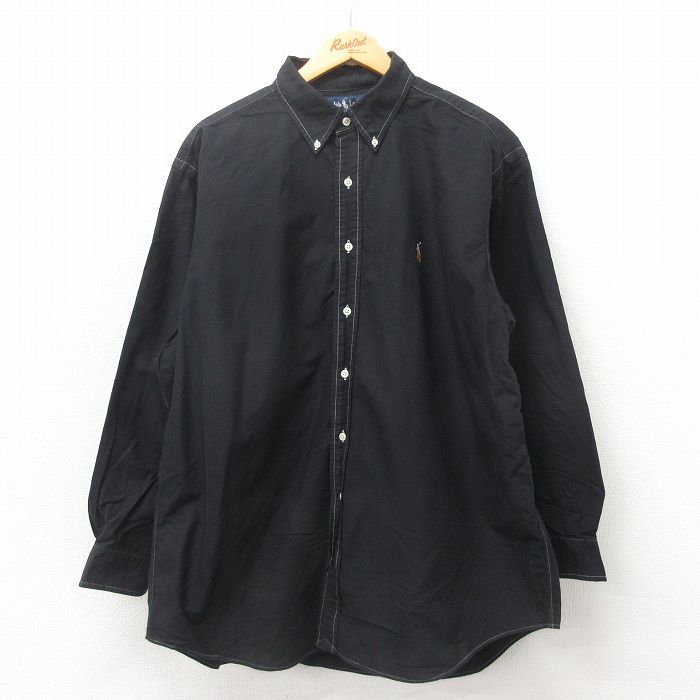 XL★古着 ラルフローレン Ralph Lauren 長袖 ブランド シャツ メンズ 90年代 90s ワンポイントロゴ YARMOUTH オックスフォード 大きいサイズ コットン ボタンダウン 黒 ブラック 25may20 中古 トップス