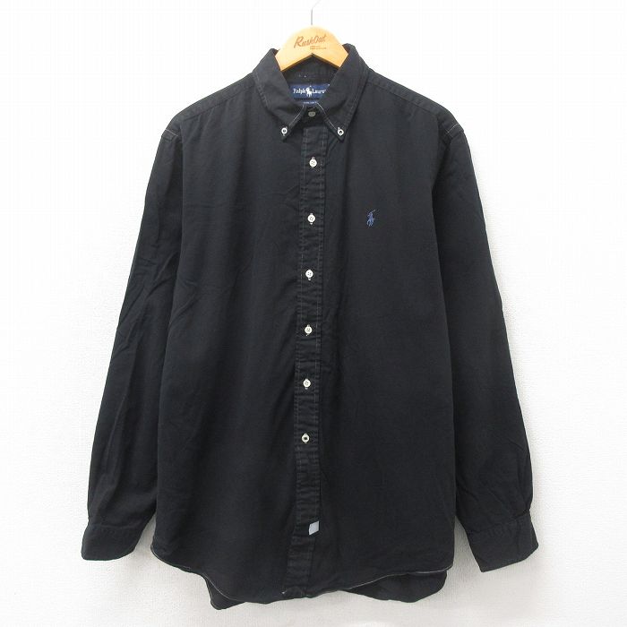 XL★古着 ラルフローレン Ralph Lauren 長袖 ブランド シャツ メンズ 90年代 90s ワンポイントロゴ 大きいサイズ コットン ボタンダウン 黒 ブラック 25may20 中古 トップス