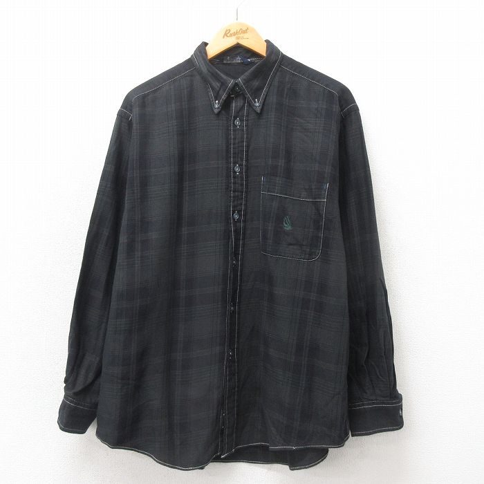 XL★古着 ノーティカ NAUTICA 長袖 ブランド シャツ メンズ 90年代 90s ワンポイントロゴ 大きいサイズ コットン ボタンダウン 黒他 ブラック チェック 25may21 中古 トップス