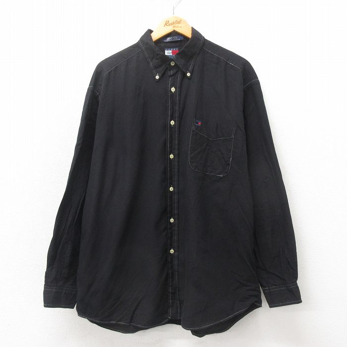 【50%OFF】XL★古着 トミーヒルフィガー TOMMY HILFIGER 長袖 ブランド シャツ メンズ 90年代 90s ワンポイントロゴ 大きいサイズ コットン ボタンダウン 黒 ブラック 25may21 中古 トップス