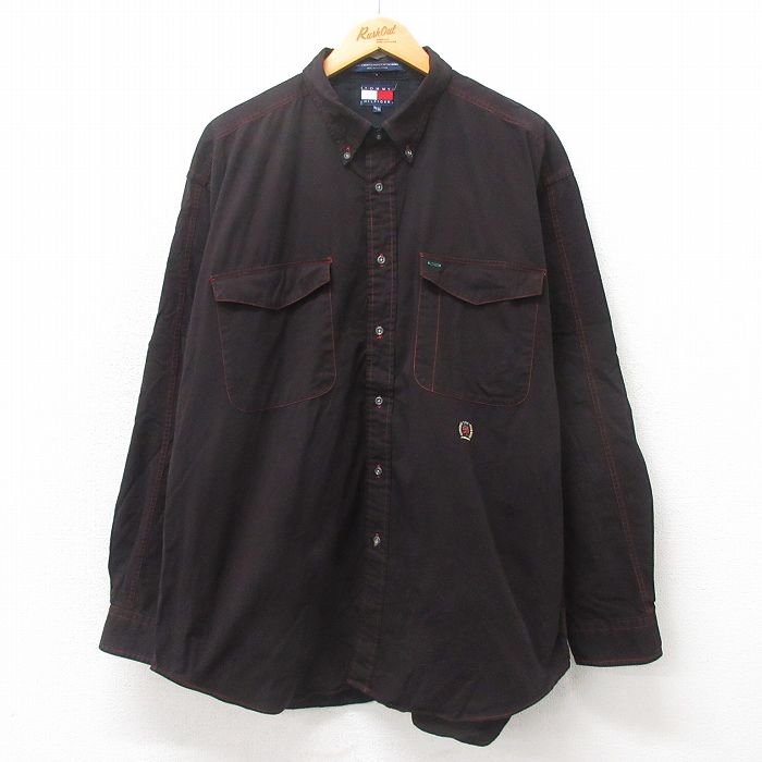 【50%OFF】XL★古着 トミーヒルフィガー TOMMY HILFIGER 長袖 ブランド シャツ メンズ 90年代 90s ワンポイントロゴ 大きいサイズ コットン ボタンダウン 黒系 ブラック 25may21 中古 トップス