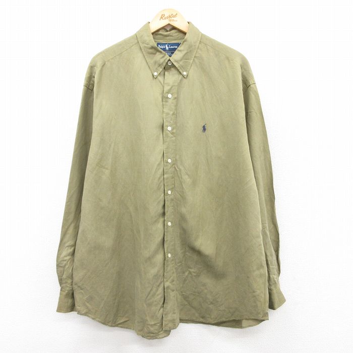XL★古着 ラルフローレン Ralph Lauren 長袖 ブランド シャツ メンズ 90年代 90s ワンポイントロゴ BLAKE 大きいサイズ ロング丈 シルク リネン ボタンダウン 緑系 グリーン 【spe】 25may21 中古 トップス