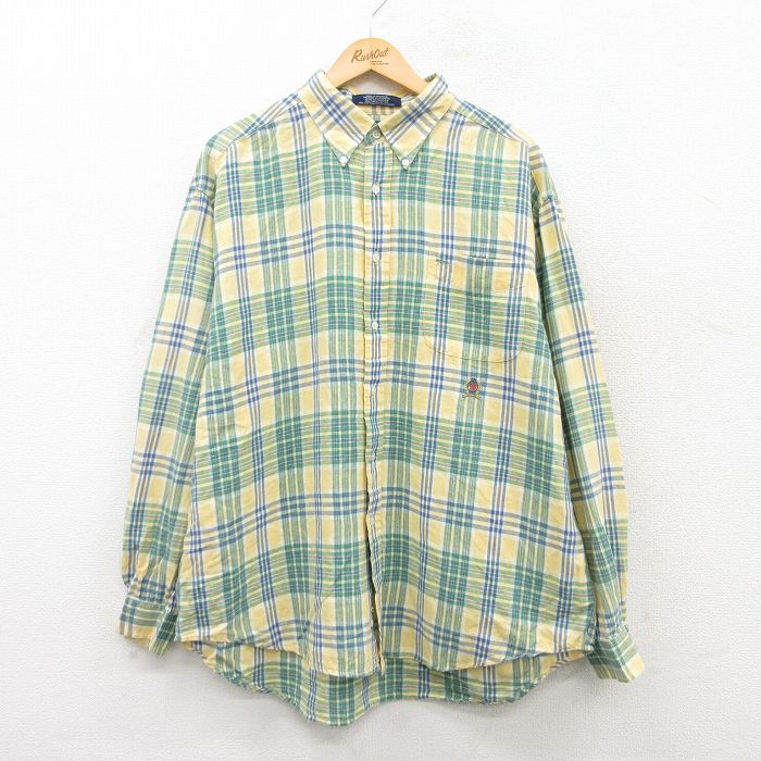 【50%OFF】XL★古着 トミーヒルフィガー TOMMY HILFIGER 長袖 ブランド シャツ メンズ 90年代 90s ワンポイントロゴ 大きいサイズ リネン ボタンダウン 黄他 イエロー チェック 25may21 中古 トップス